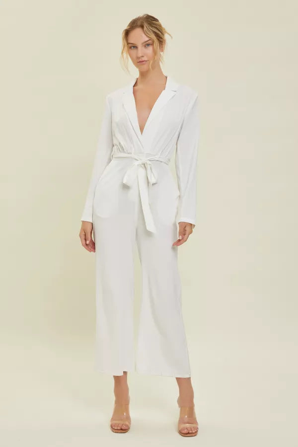 Love Me Tender | Deep V-Neck Romper With Waist Self Tie | White *FINAL SALE*