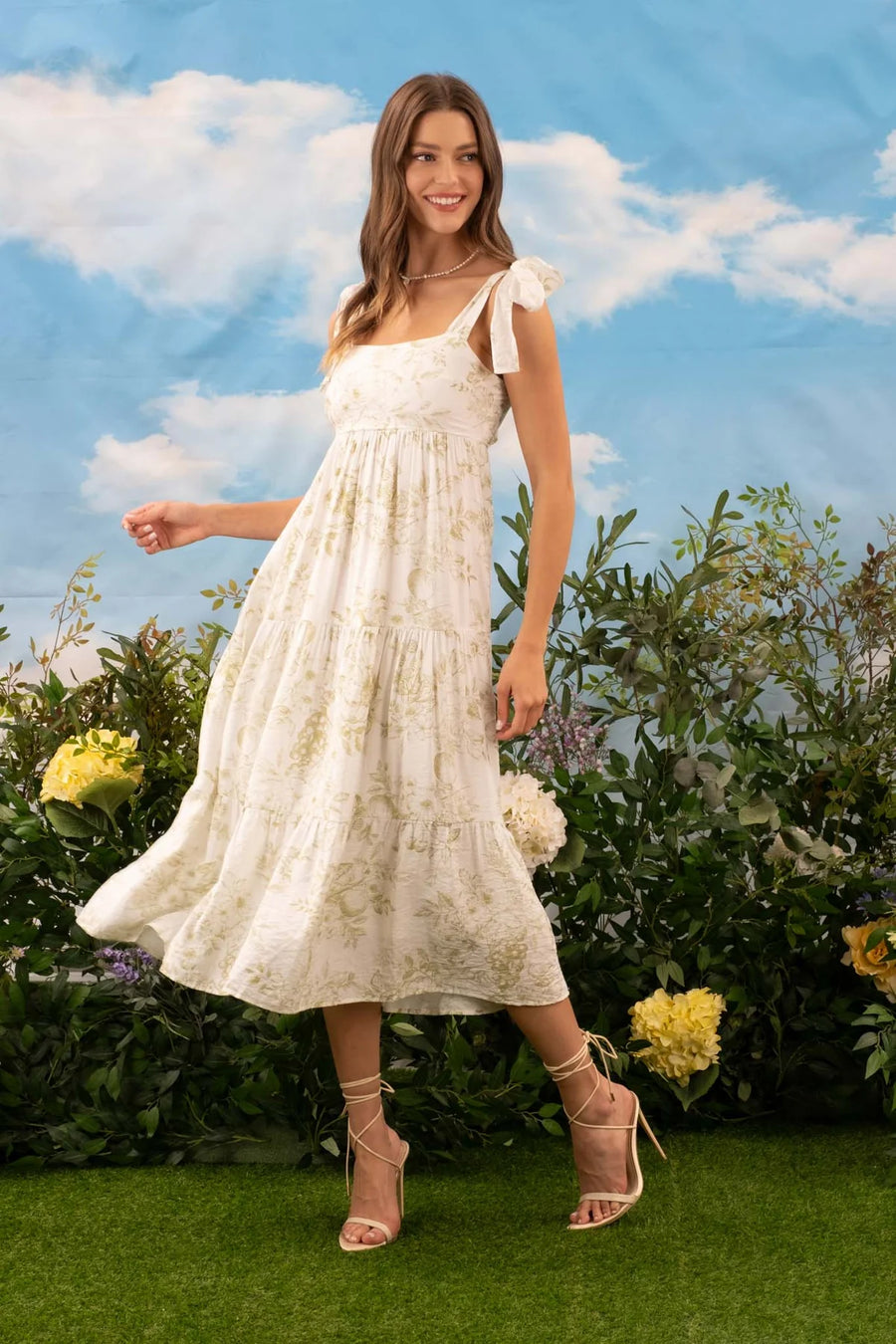 Daphne Fruit Blossom Tiered Midi Dress | Olive