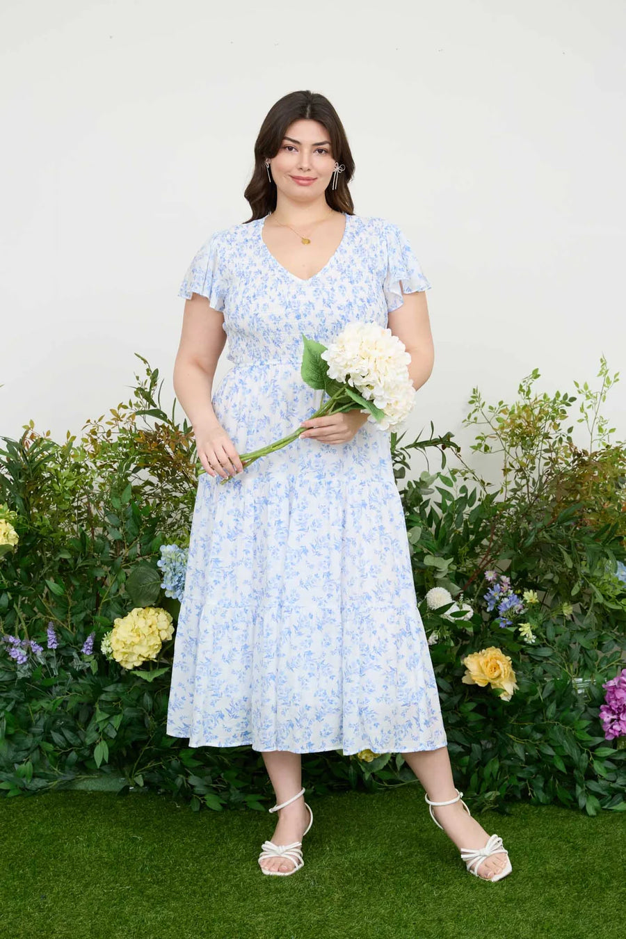 Tabitha | Floral V-Neck Midi Dress | Blue Multicolour