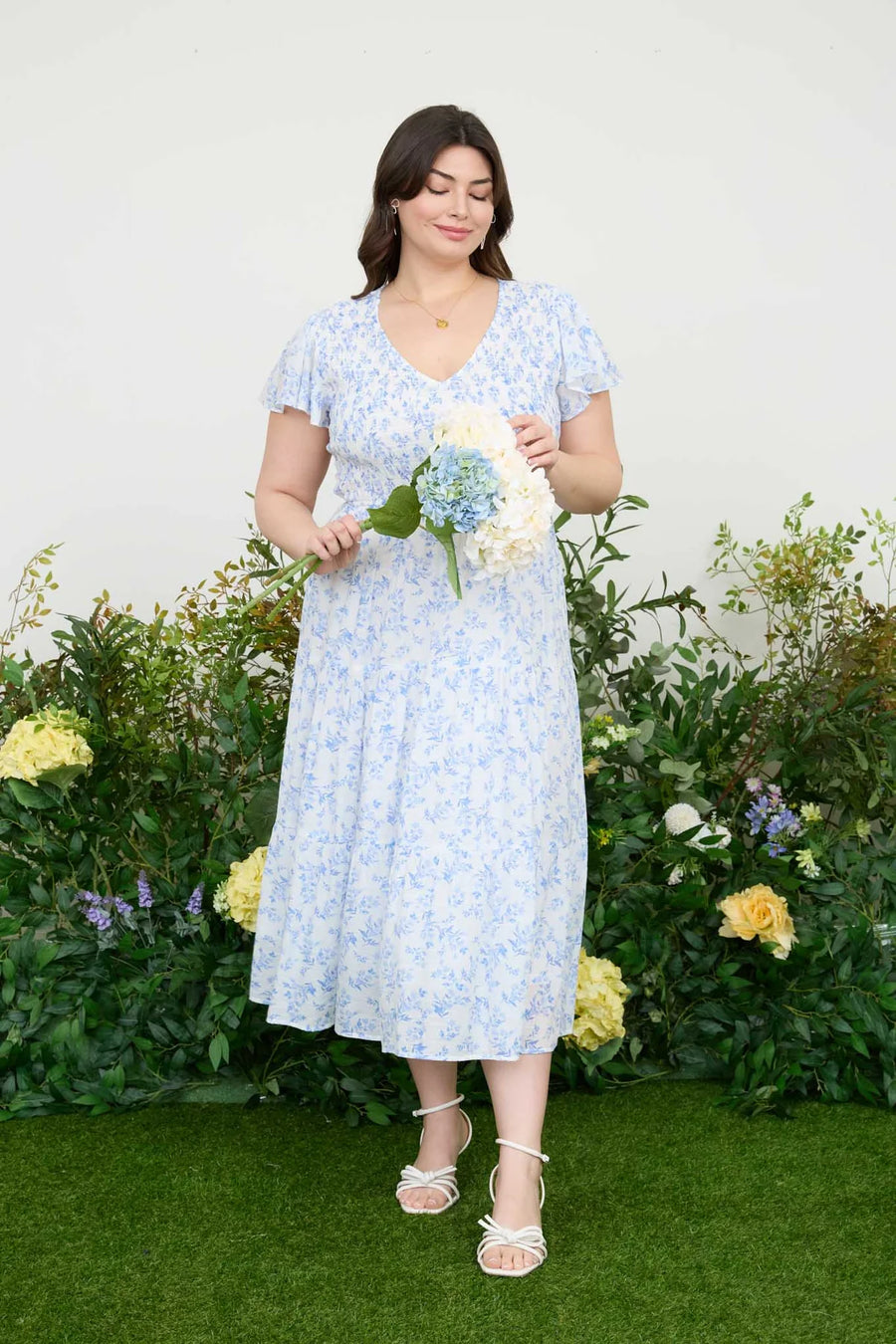 Tabitha | Floral V-Neck Midi Dress | Blue Multicolour