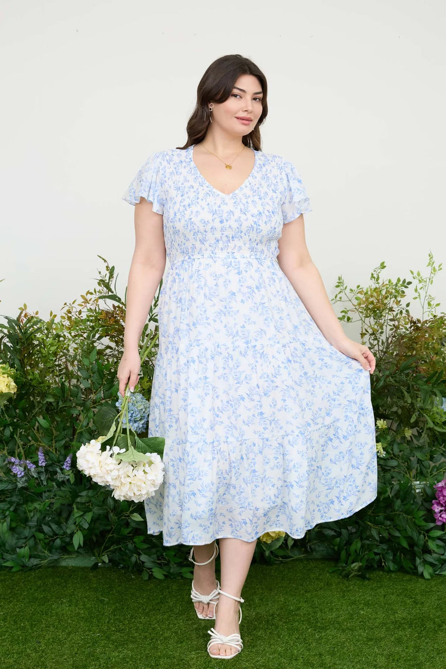 Tabitha | Floral V-Neck Midi Dress | Blue Multicolour
