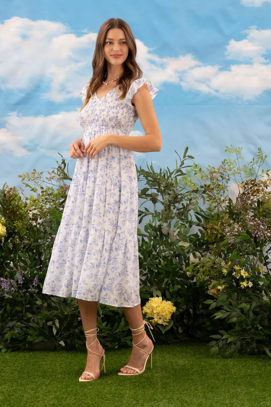 Tabitha | Floral V-Neck Midi Dress | Blue Multicolour
