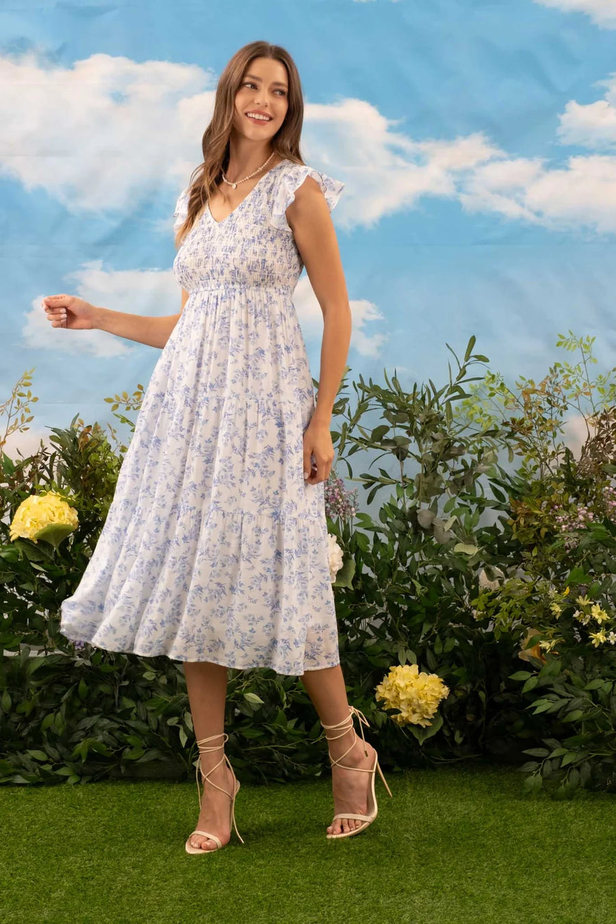 Tabitha | Floral V-Neck Midi Dress | Blue Multicolour