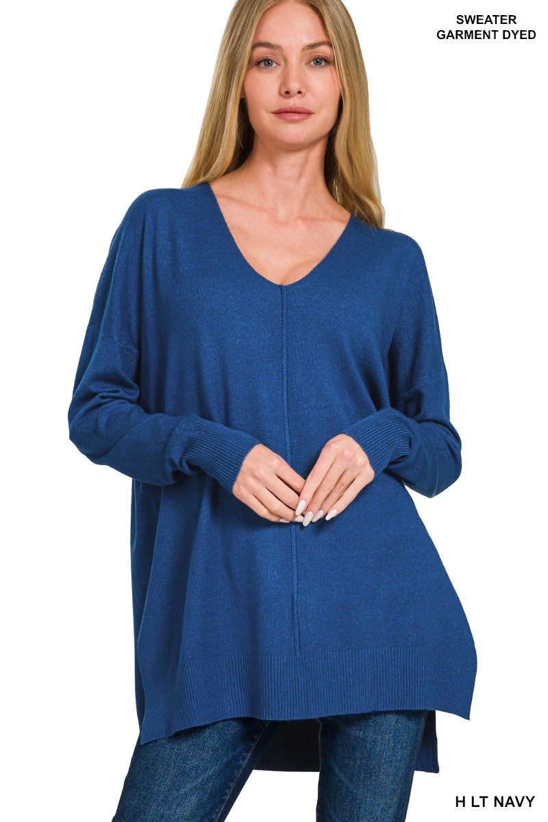 Cloud Nine | High-Low Hem V-Neck Sweater | H LT Navy