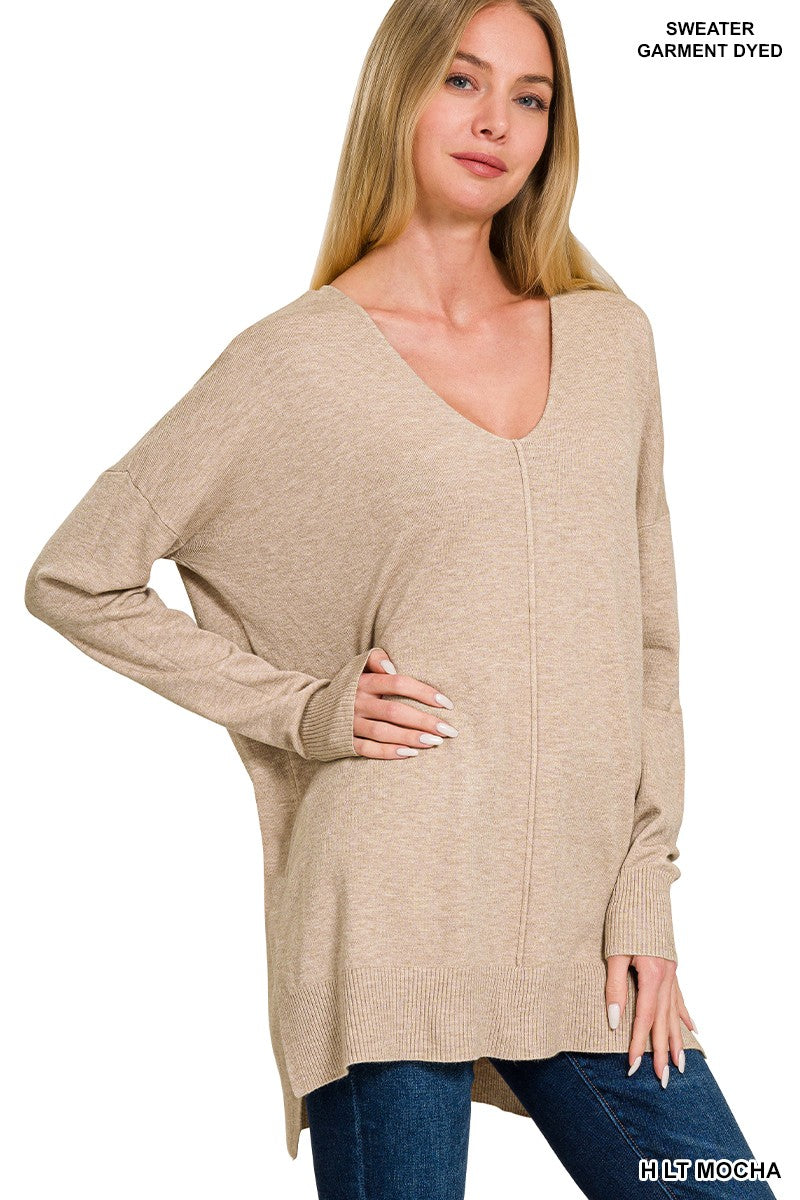 Cloud Nine | High-Low Hem V-Neck Sweater | H LT Mocha