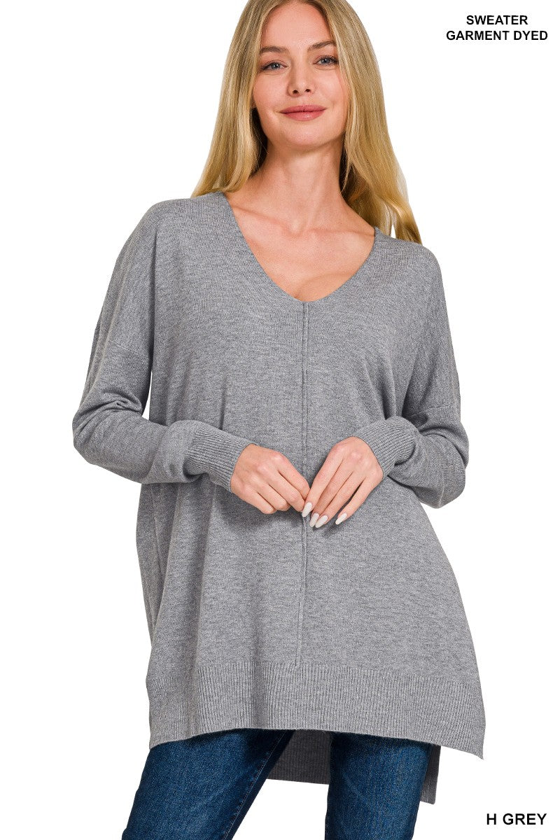 Cloud Nine | High-Low Hem V-Neck Sweater | H Grey