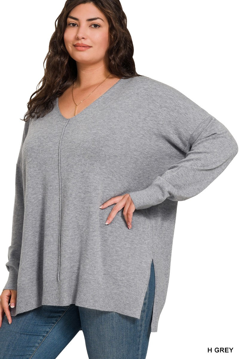 Cloud Nine | High-Low Hem V-Neck Sweater | H Grey