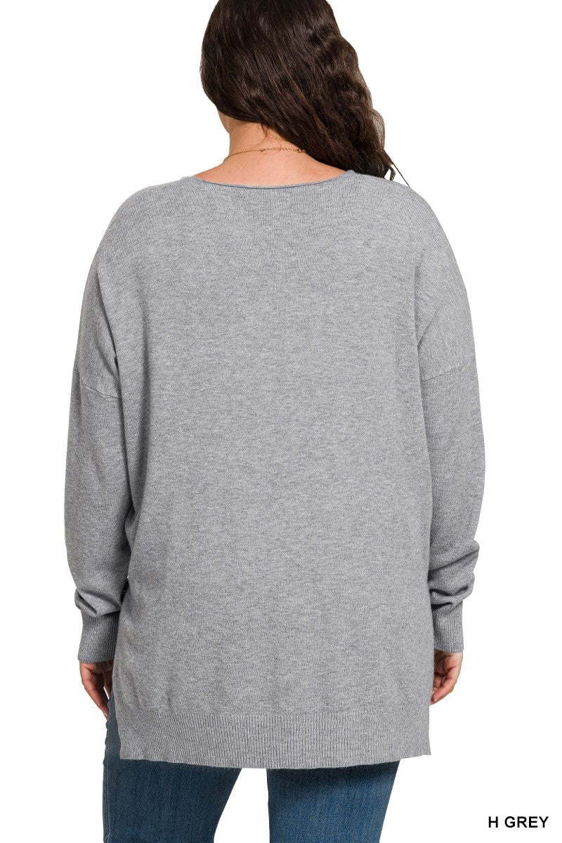 Cloud Nine | High-Low Hem V-Neck Sweater | H Grey