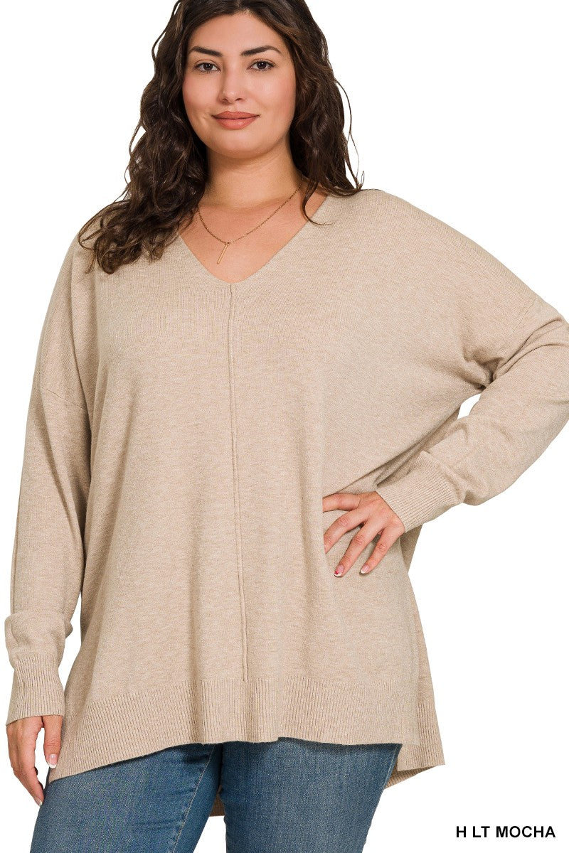 Cloud Nine | High-Low Hem V-Neck Sweater | H LT Mocha