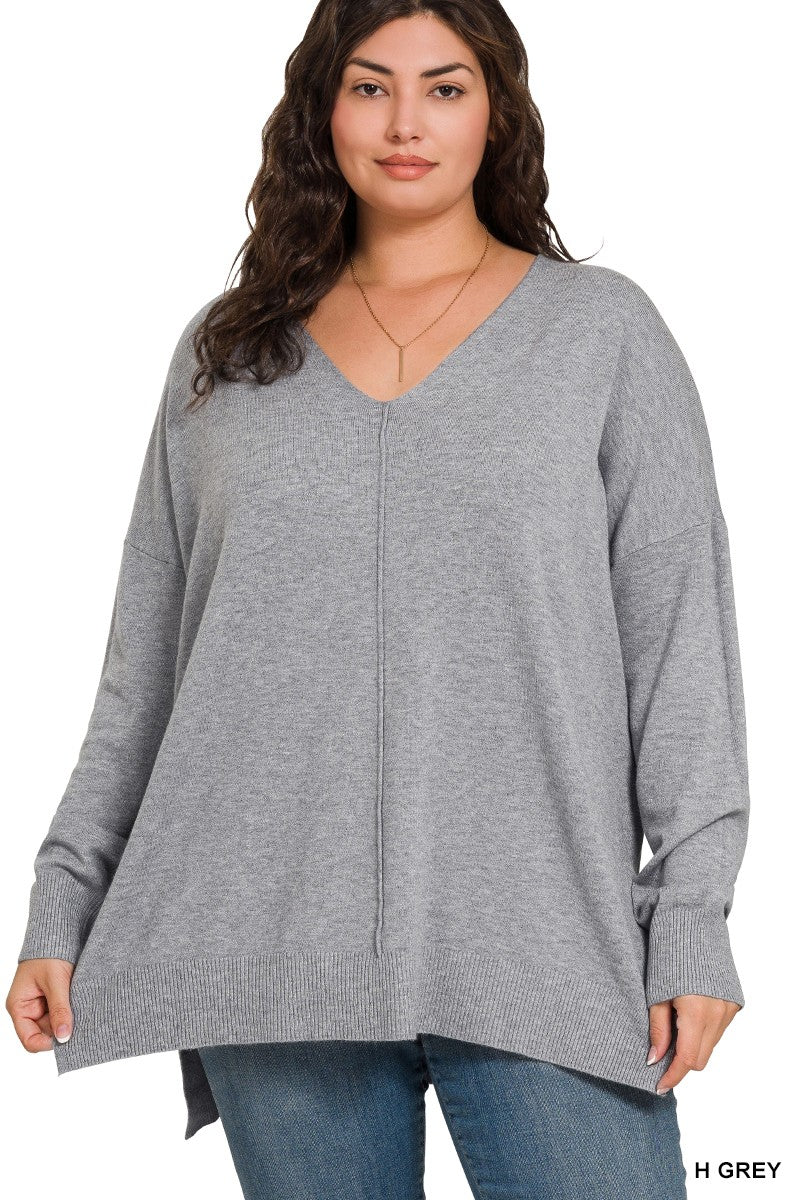 Cloud Nine | High-Low Hem V-Neck Sweater | H Grey