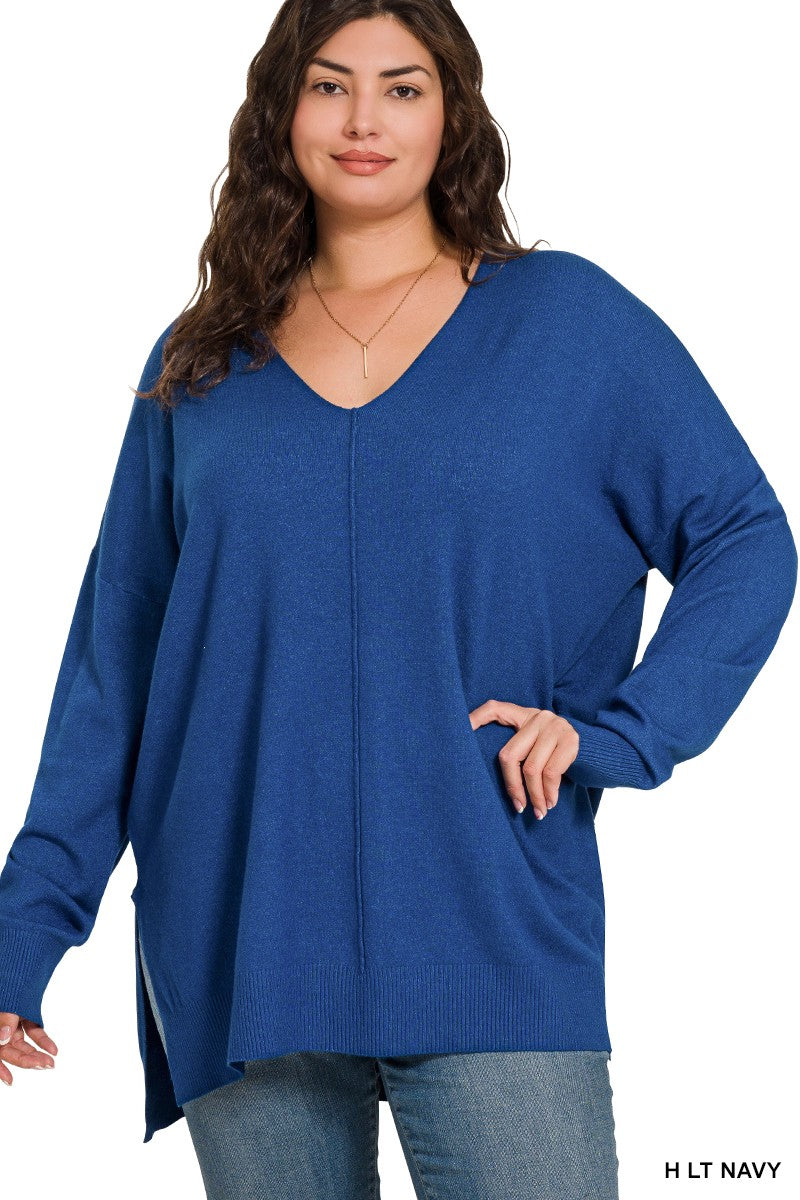 Cloud Nine | High-Low Hem V-Neck Sweater | H LT Navy