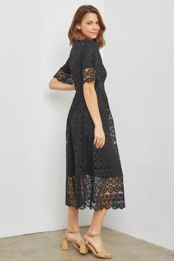 Kate | Lace Trimmed Midi Dress | Black *ONLY SMALL & 3X LEFT* *FINAL SALE*