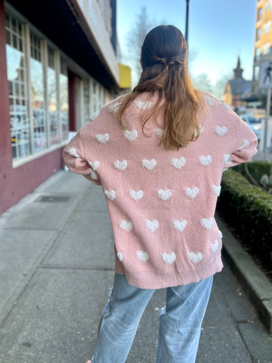 Toula | All Over Heart Sweater Cardigan | Pink