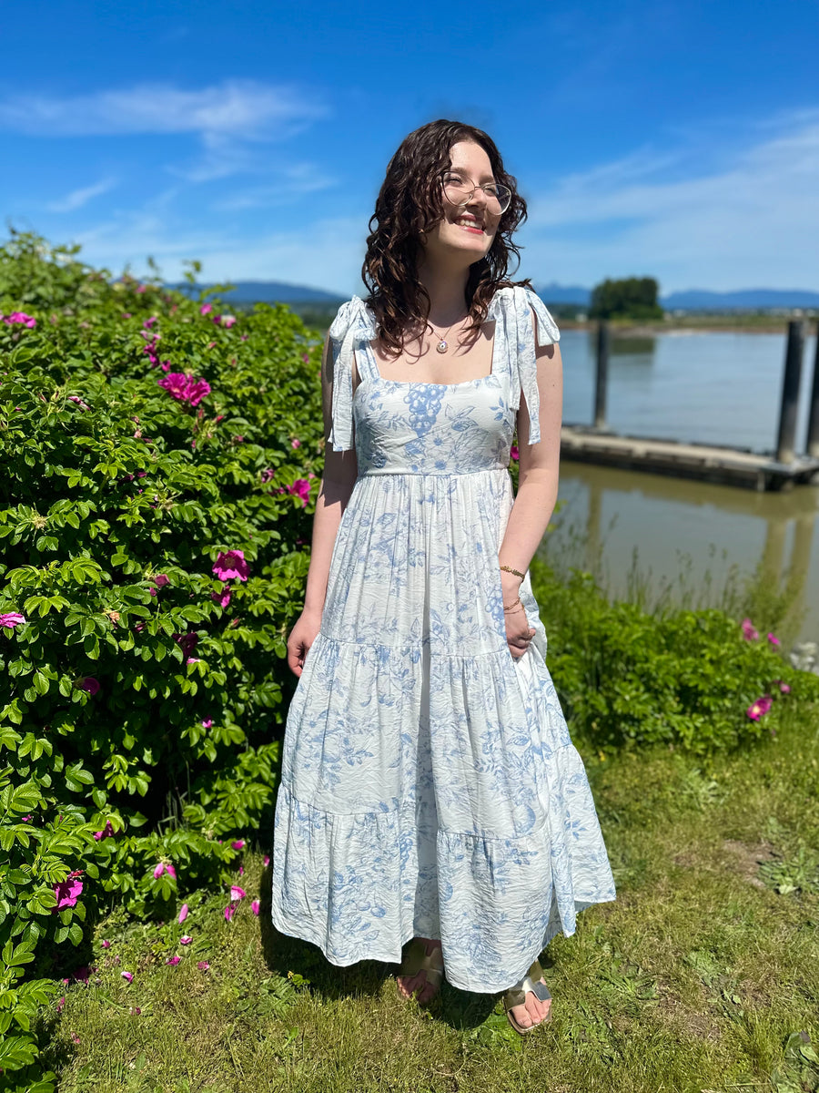 Daphne | Fruit Blossom Tiered Midi Dress | Blue