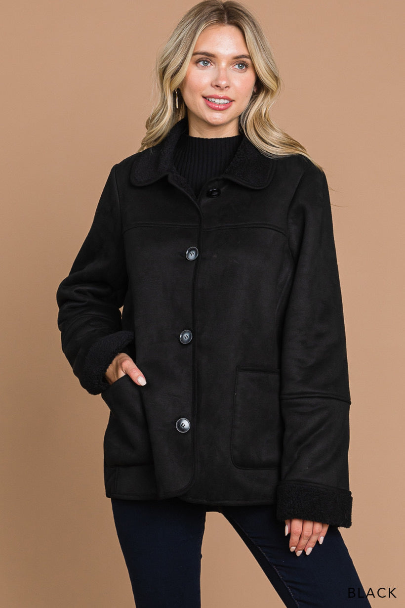 Whispering Pine | Faux Suede Jacket with Fur Lining | Black