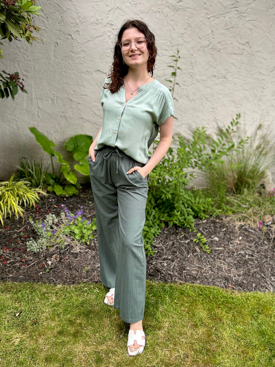Amy Rolled Sleeve Woven Top | Sage