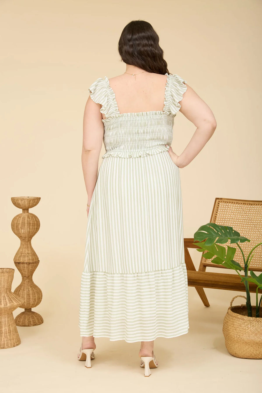 Island Elegance | Striped Ruffle Trim Midi Dress | Light Olive