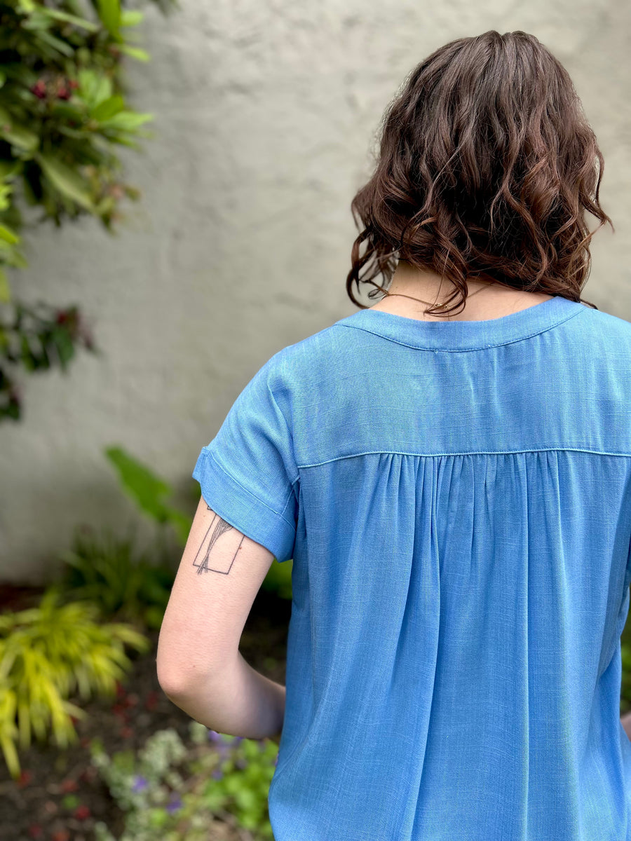 Amy Rolled Sleeve Woven Top | Blue