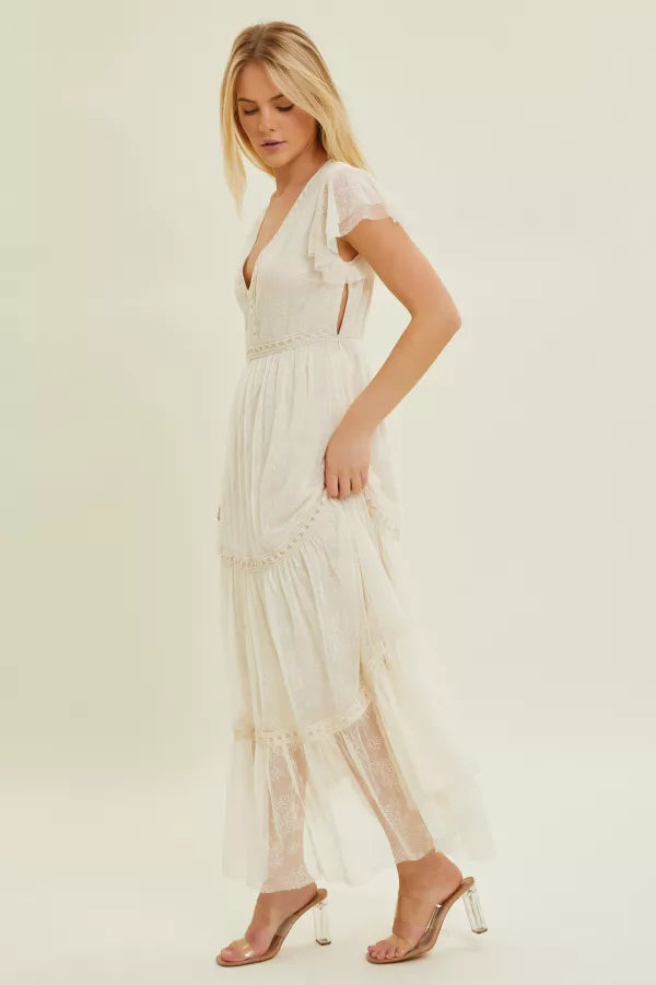 Enchanted Romance | V-Neck Maxi Dress With Embroidered Lace Trim | Ivory *FINAL SALE*