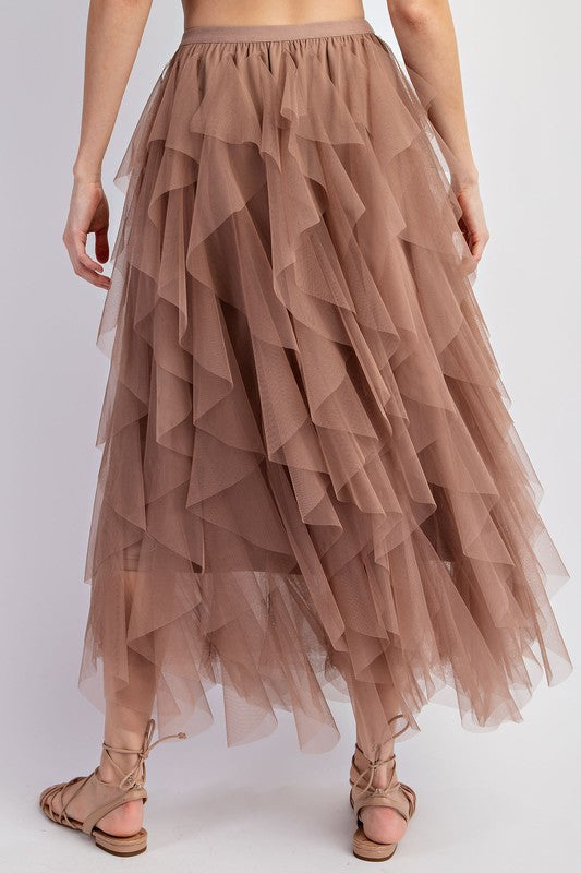 Frolic in the Autumn Mist | Cascading Tulle Mesh Layered Maxi Skirt | Mocha