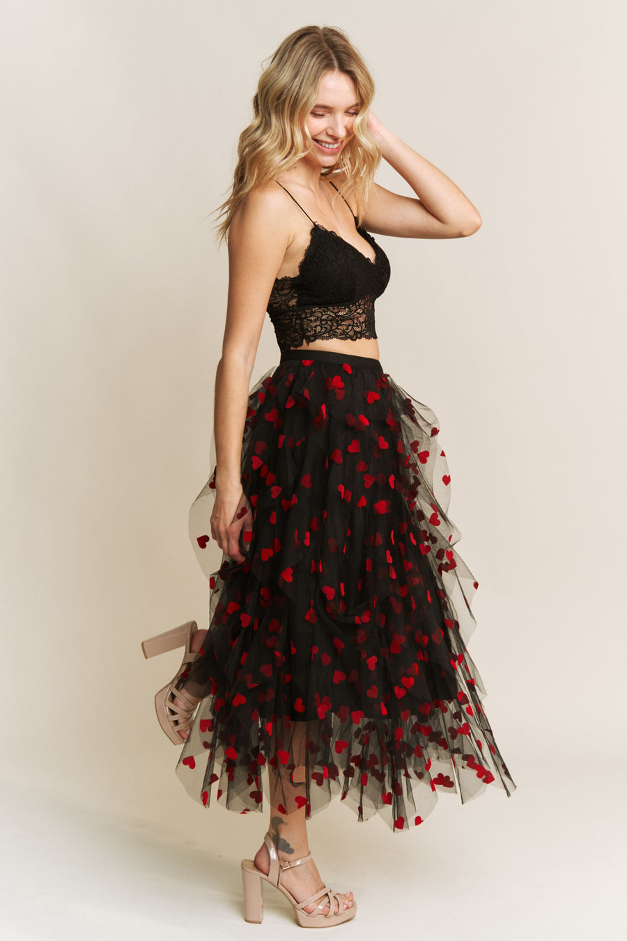 Queen of Hearts | Heart Velvet Flocking Mesh Layered Midi Skirt | Black