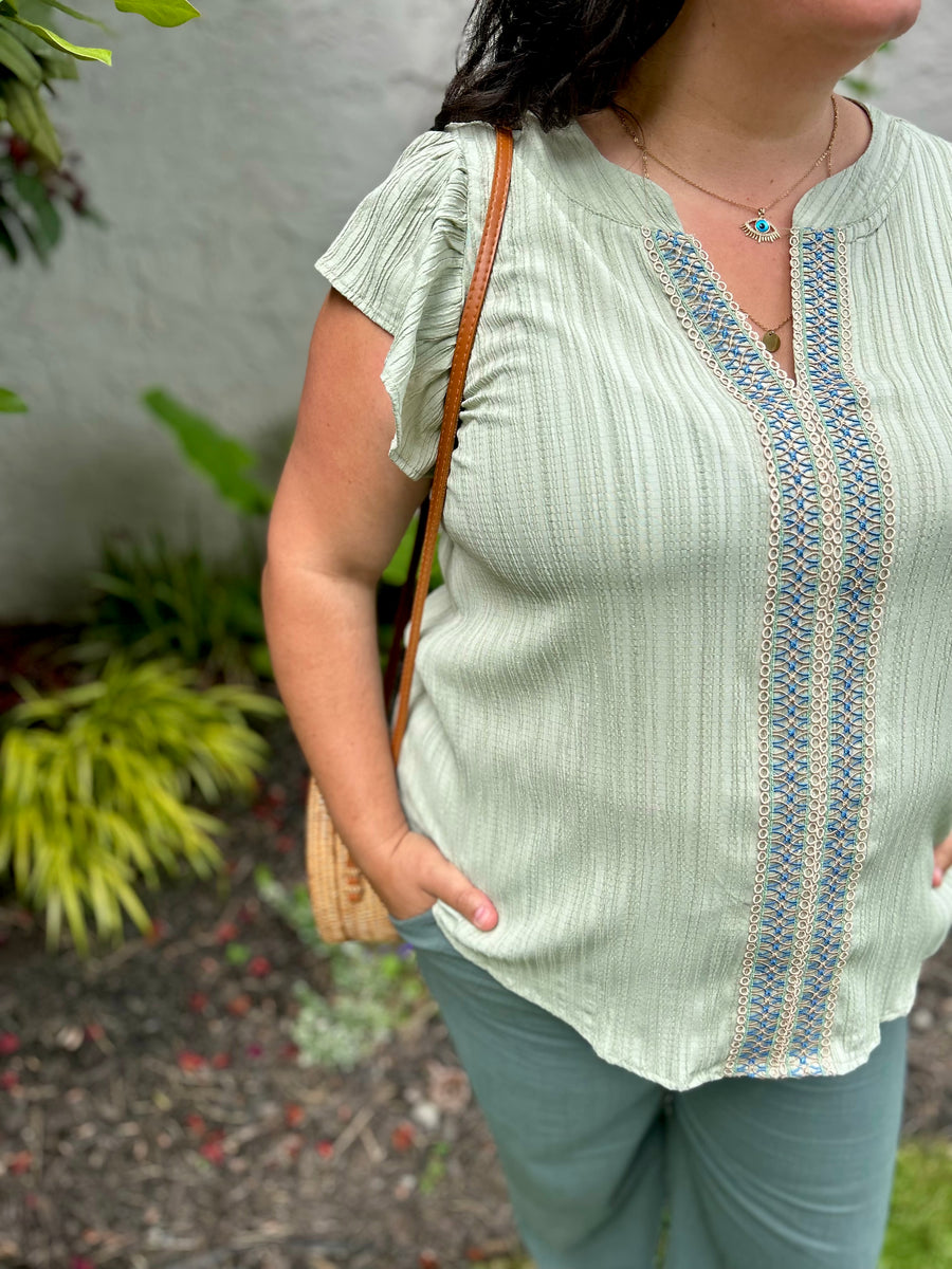 Ophelia Lace Trim Crinkle Blouse | Light Olive