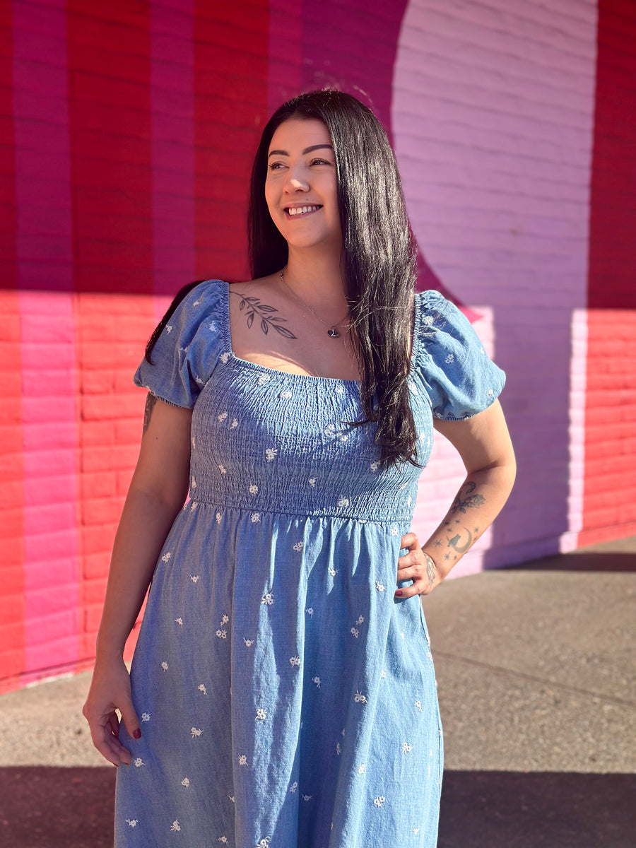 denim daisy dress Daisy Pleated Midi Dress (Blue Denim)