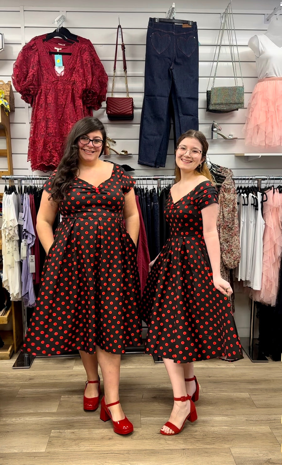 Lily | Retro Off Shoulder Swing Dress | Red Polka