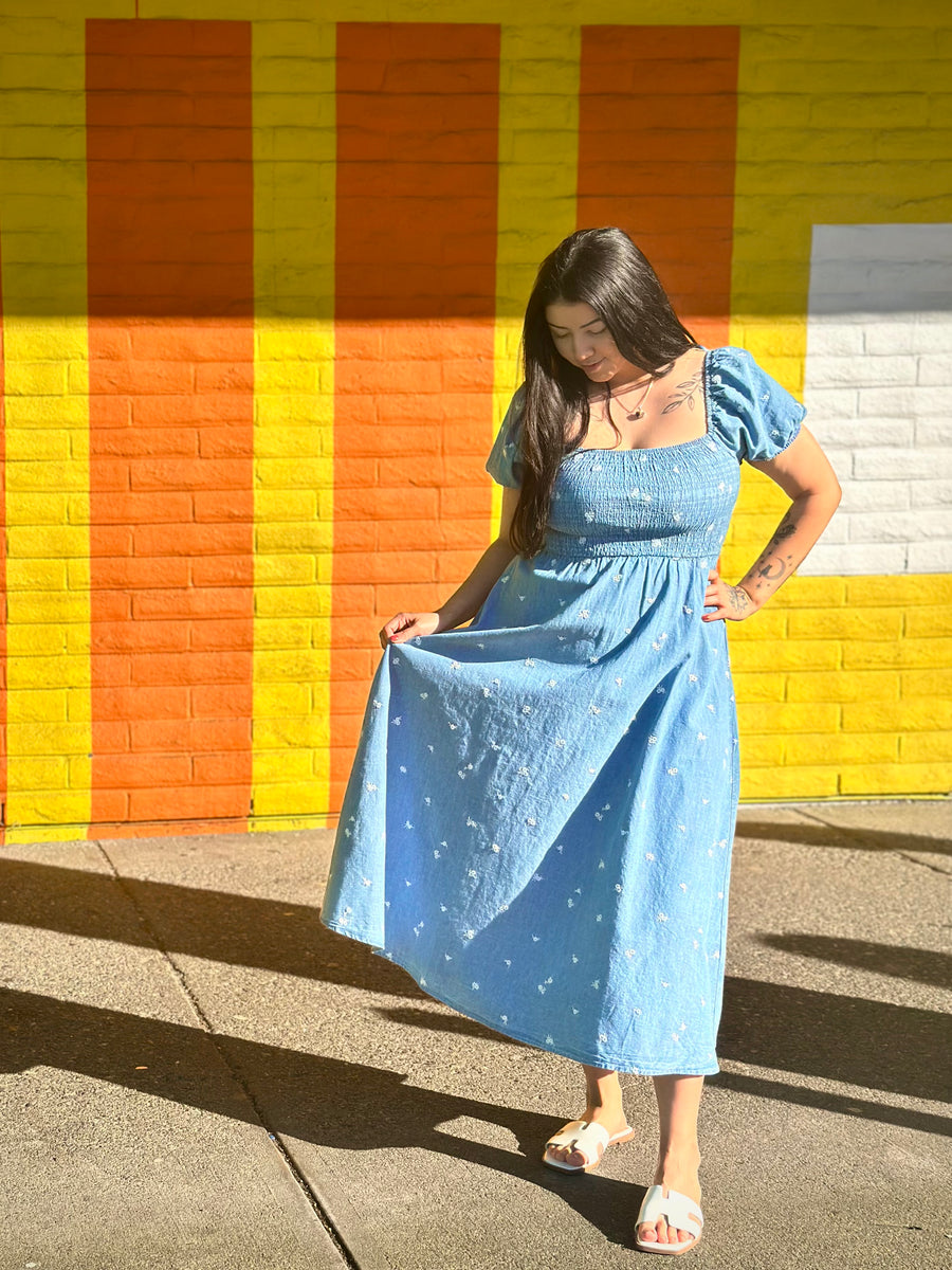 Denim Daisy | Floral Embroidery Smocked Midi Dress