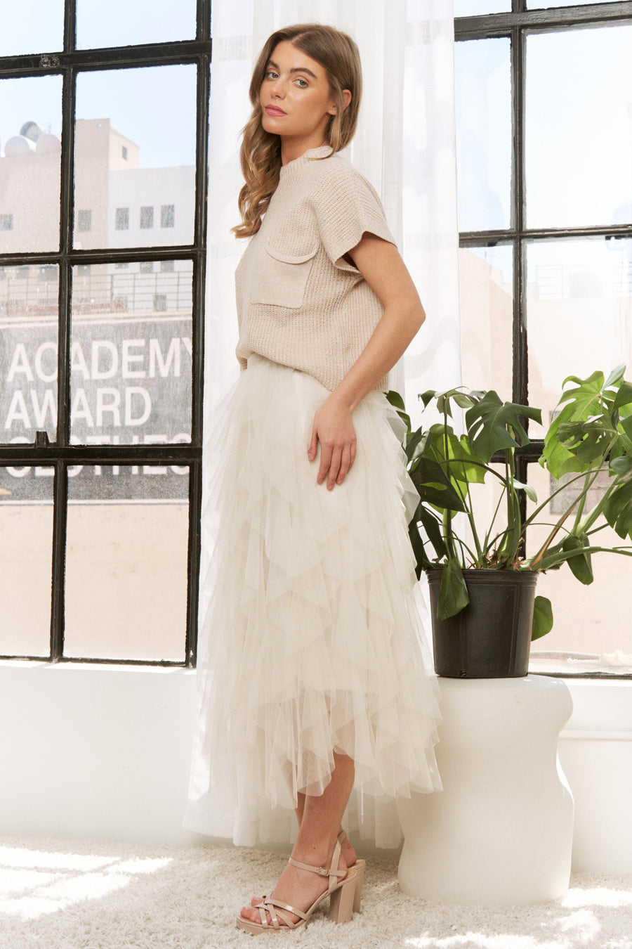 Frolic in the Autumn Mist | Cascading Tulle Mesh Layered Maxi Skirt | Cream