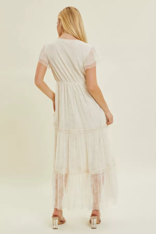 Enchanted Romance | V-Neck Maxi Dress With Embroidered Lace Trim | Ivory *FINAL SALE*