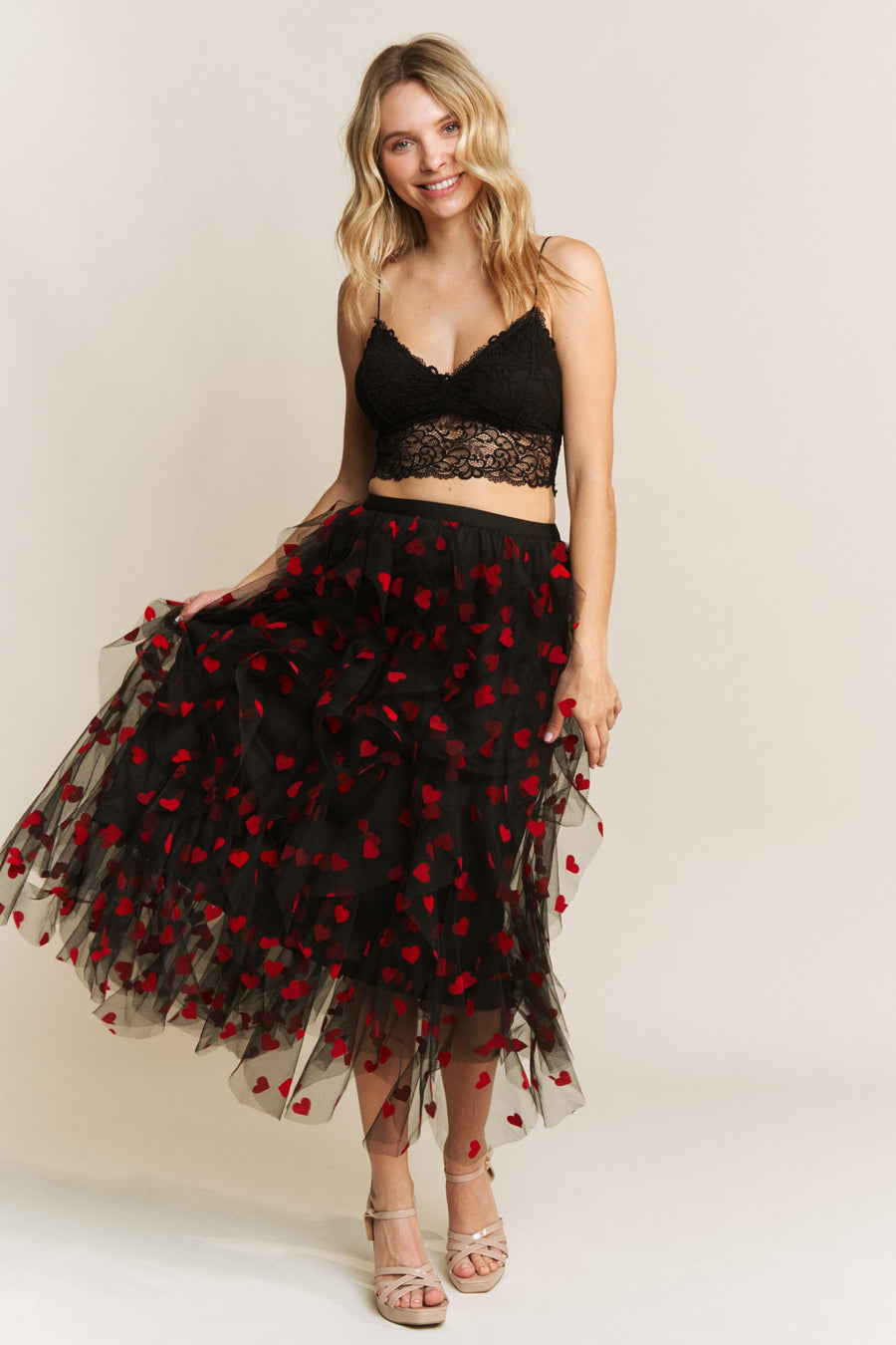 Queen of Hearts | Heart Velvet Flocking Mesh Layered Midi Skirt | Black