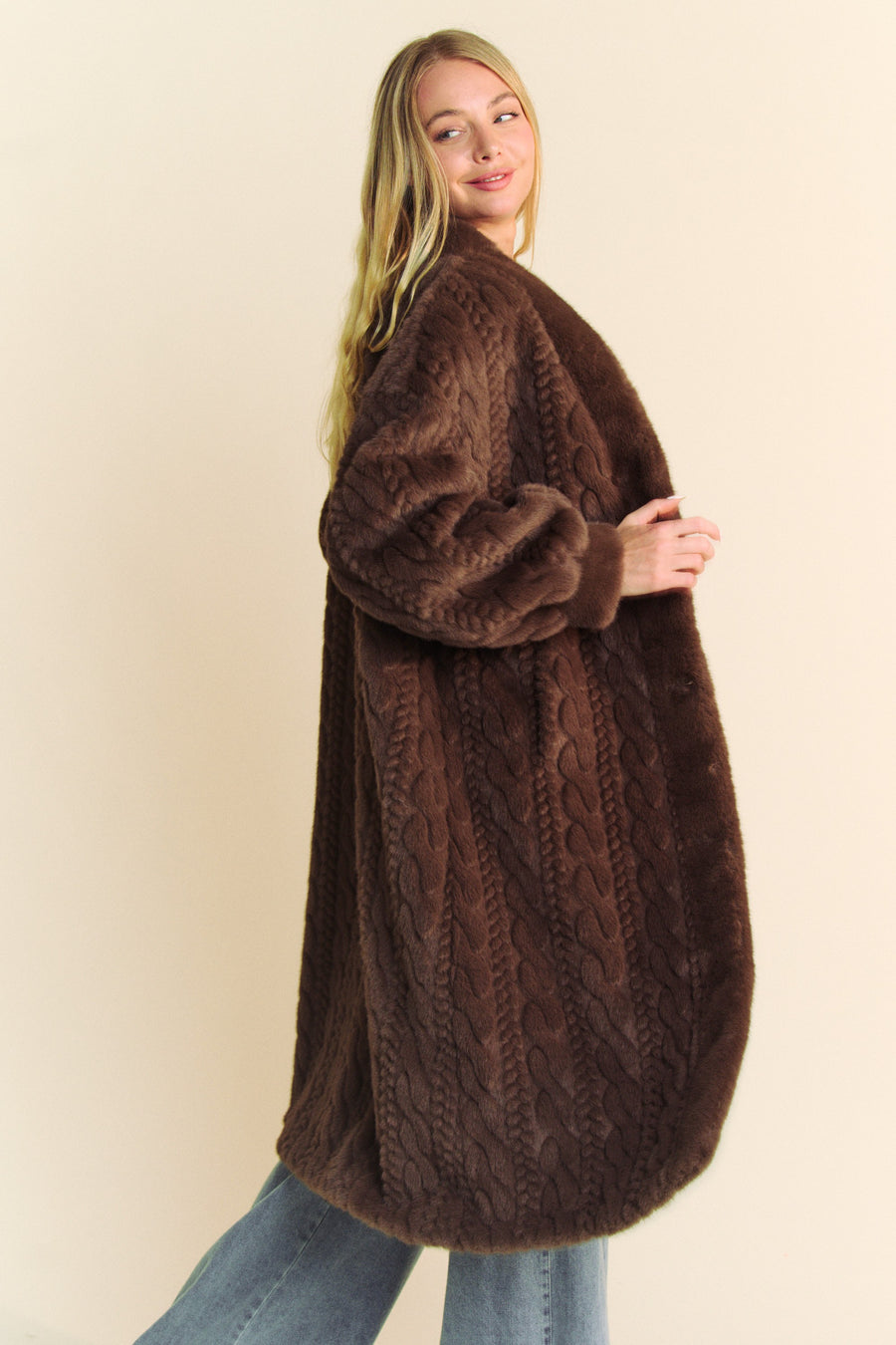 Curtain Call | Faux Fur Rib Pattern Long Coat | Brown