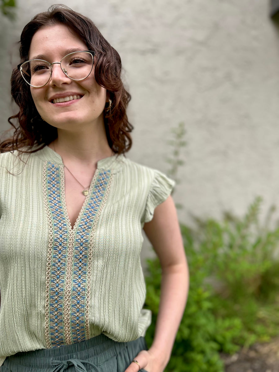 Ophelia Lace Trim Crinkle Blouse | Light Olive