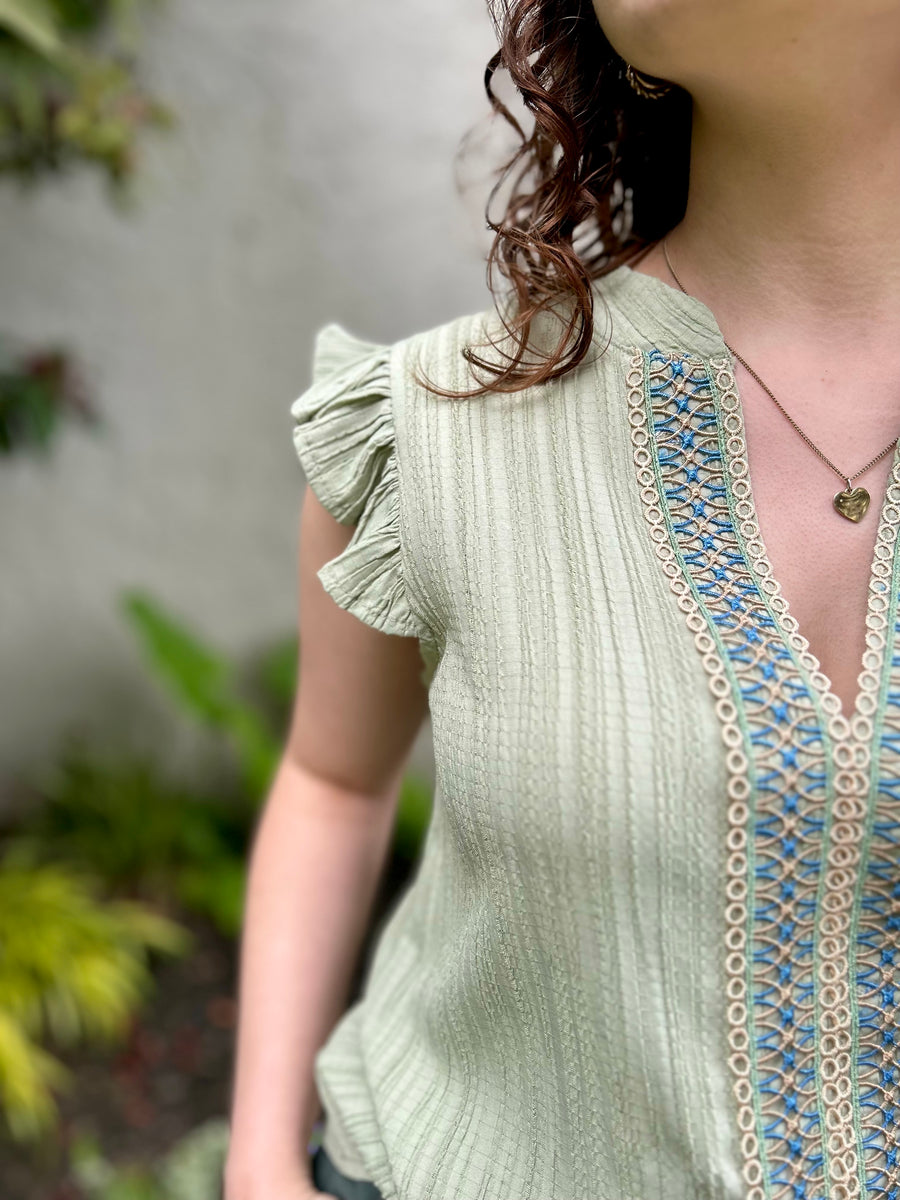 Ophelia Lace Trim Crinkle Blouse | Light Olive