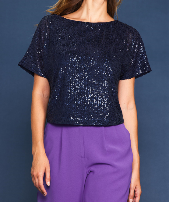 Sparks at Midnight | Sequined Batwing Sleeve Top | Navy