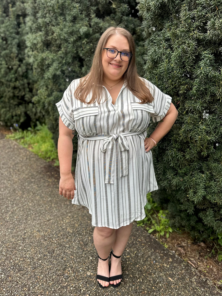 Mary | Collared Short Sleeve Belted Shirt Dress | Khaki