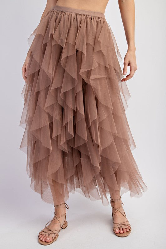 Frolic in the Autumn Mist | Cascading Tulle Mesh Layered Maxi Skirt | Mocha