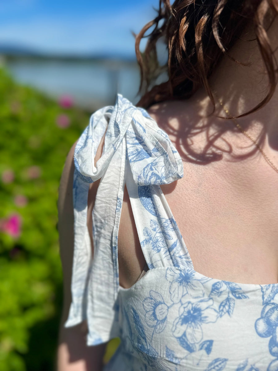 Daphne | Fruit Blossom Tiered Midi Dress | Blue