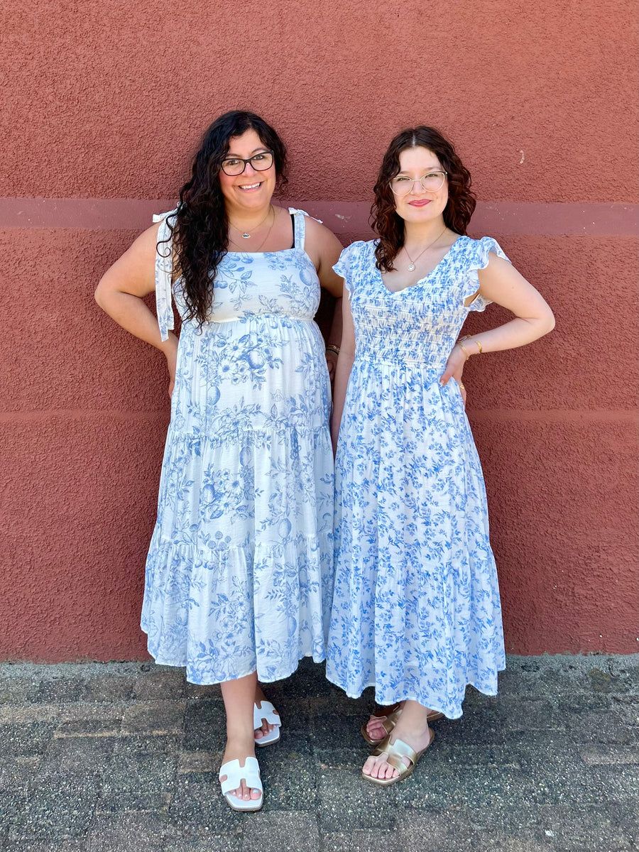 Daphne | Fruit Blossom Tiered Midi Dress | Blue