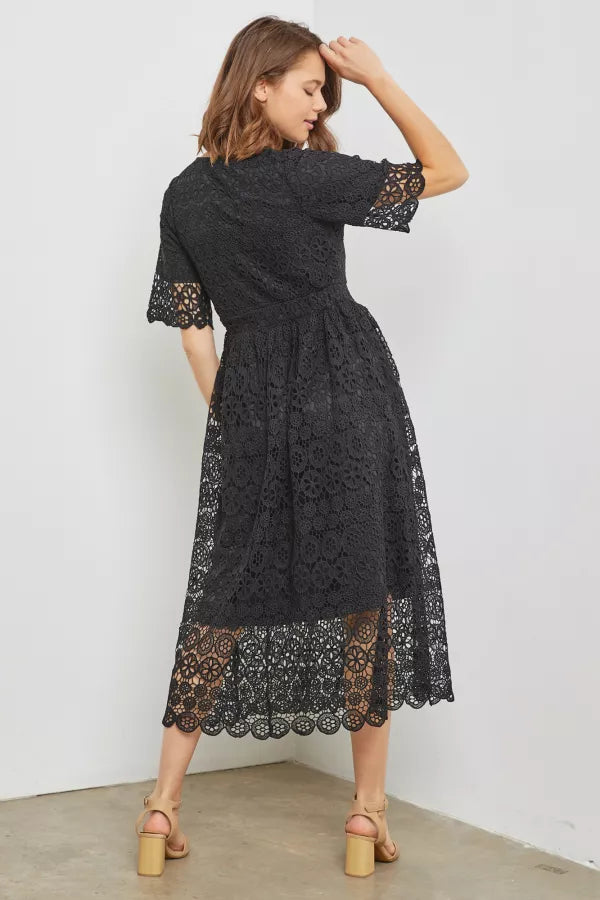 Kate | Lace Trimmed Midi Dress | Black