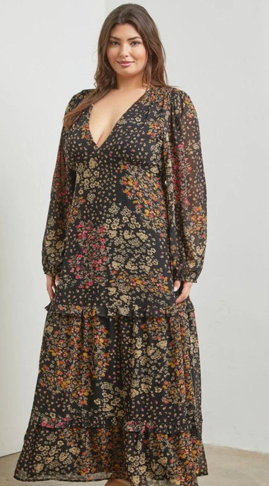 Wildflower Waltz | Floral V-Neck Maxi Dress | Black