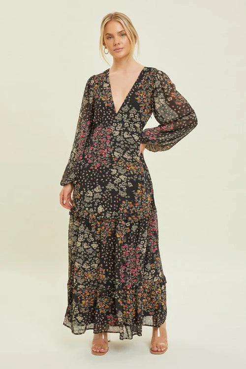 Wildflower Waltz | Floral V-Neck Maxi Dress | Black