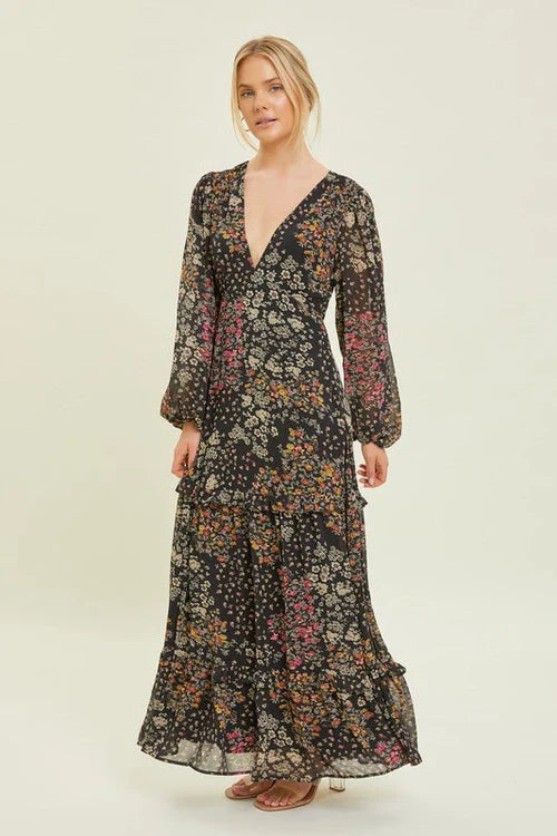 Wildflower Waltz | Floral V-Neck Maxi Dress | Black