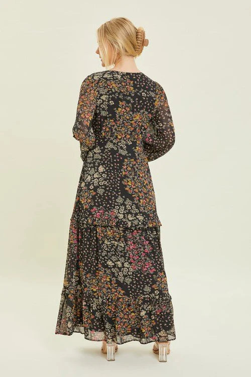 Wildflower Waltz | Floral V-Neck Maxi Dress | Black