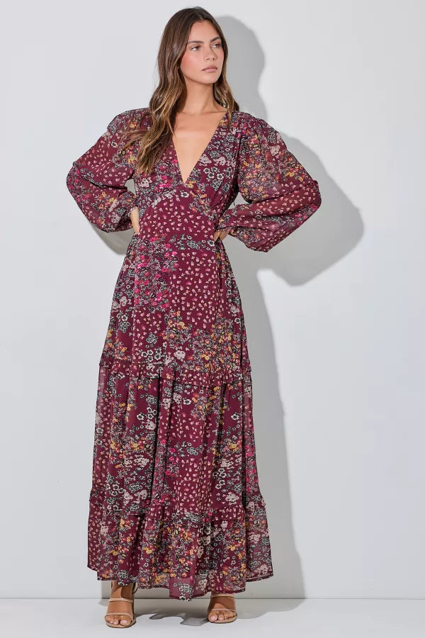 Wildflower Waltz | Floral V-Neck Maxi Dress | Burgundy