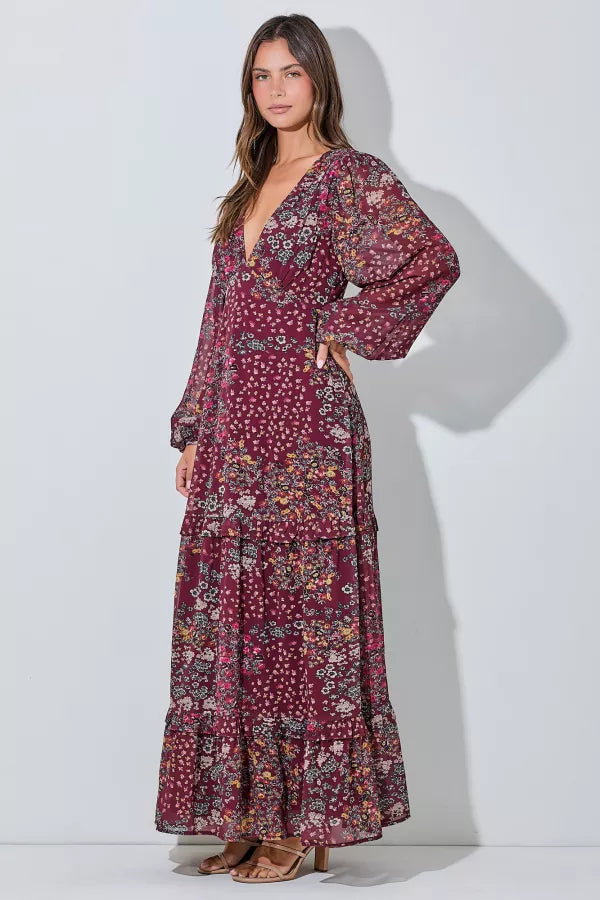 Wildflower Waltz | Floral V-Neck Maxi Dress | Burgundy