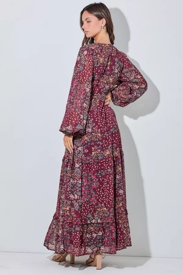 Wildflower Waltz | Floral V-Neck Maxi Dress | Burgundy