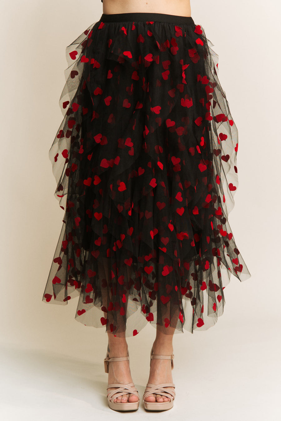 Queen of Hearts | Heart Velvet Flocking Mesh Layered Midi Skirt | Black