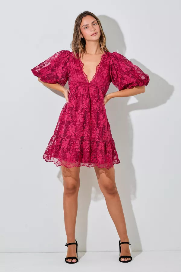 Crimson Petals | Floral Puff Sleeve Mini Dress